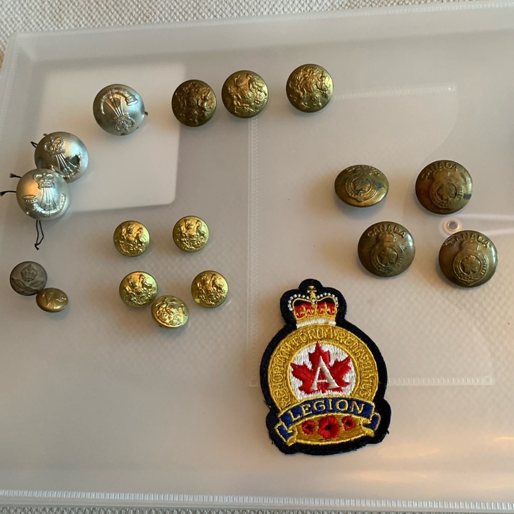 Vintage Canadian officer buttons. not cleaned + legion crest. + 2 s silver pins